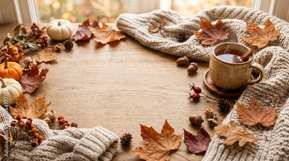 Naklejka premium Cozy autumn background with leaves and warm drink