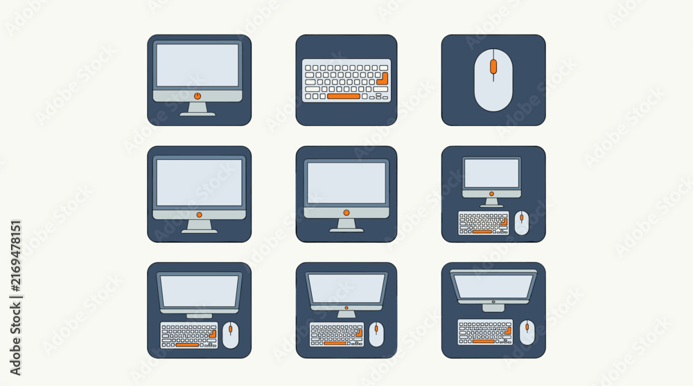 Fototapeta premium Computer monitor, keyboard, and mouse icons in flat design style, isolated on a light background.