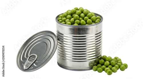 A metal tin can filled with fresh green peas, with the lid placed beside it and some loose peas scattered on a solid , food isolated on a transparent background