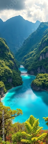 Turquoise River Winding Through Lush Mountain Valley