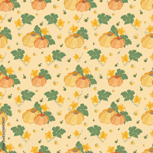 Seamless pattern with orange pumpkins, yellow flowers and green leaves on cream background