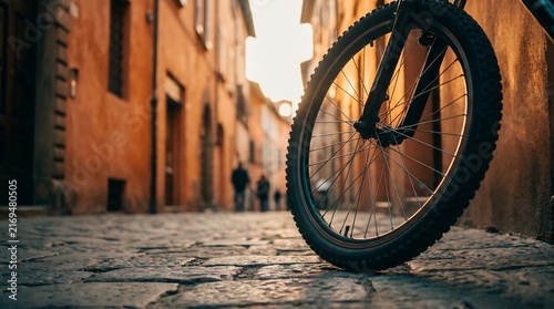 Old Cobblestone Street with Bicycle Wheel Close Up, Narrow Alley Between Historic European-Style Buildings, Rustic Travel and Architecture Background