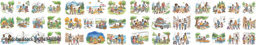 Collection of line art illustrations depicting families engaged in diverse recreational pursuits and travel experiences, vector watercolor style isolated on white
