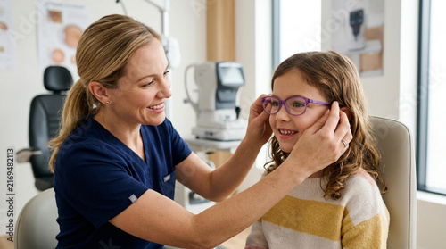Optometrist fitting glasses on young girl during eye exam