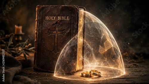 Sacred Protection: A venerable Holy Bible stands beside a pair of wedding rings, encased within a glowing, protective shield, symbolizing divine safeguarding of vows and faith.