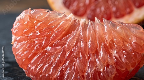 Detailed macro view of fresh grapefruit segment displaying glistening juicy pulp cells