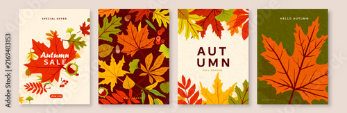 Autumn sale poster and cover templates set with colorful fall leaves. Modern seasonal vector backgrounds featuring maple foliage, text space, noise texture, ideal for promo flyers and banners