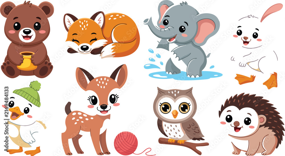 Fototapeta premium Cute Baby Animal Character Vector Set with Bear Fox Elephant Deer Duckling Owl and Hedgehog Illustrations for Nursery and Kids Design