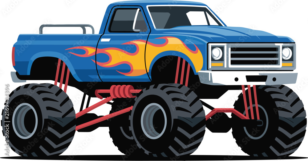 Fototapeta premium Blue Monster Truck Vector Illustration with Huge Tires Suspension Systems and Fire Flame Vinyl Decal Graphics for Extreme Motorsport Event Designs
