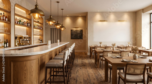 Restaurant interior, dining tables. Cozy beige restaurant interior with bar counter and dining tables Mock up wall