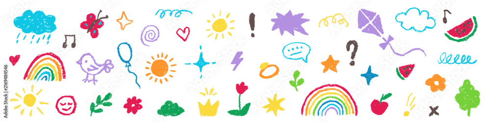 Naklejka premium Colorful hand drawn doodle collection of rainbows, suns, clouds, flowers, hearts, fruit, plants, stars and playful symbols arranged across a clean white background.