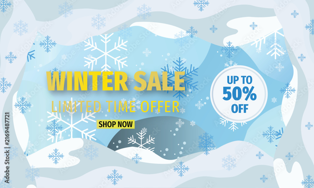 Naklejka premium Winter sale banner with discount offer up to fifty percent off, snowy abstract background, and snowflakes vector illustration
