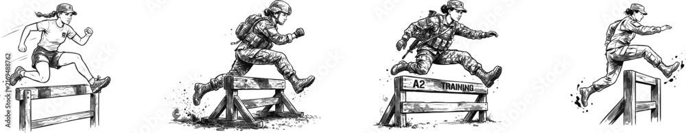 Obraz premium Female soldier leaping over obstacle during military training line art character. Step over hurdle. Army recruit tactical fitness isolated vector outline person. Black and white spot, watercolor