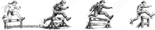 Female soldier leaping over obstacle during military training line art character. Step over hurdle. Army recruit tactical fitness isolated vector outline person. Black and white spot, watercolor