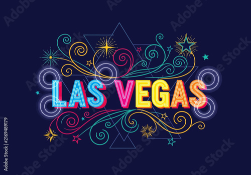 Las Vegas Neon Sign - Colorful Retro Typography with Swirls and Stars