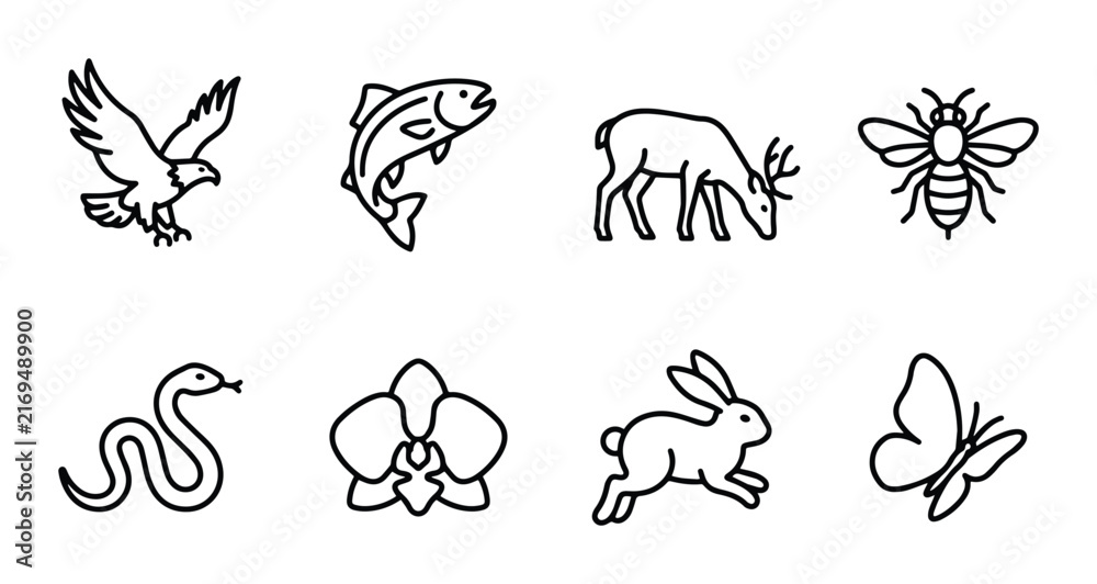 Obraz premium Nature Icons Set: Wildlife, Insects, Flora, Vector Graphics for Ecology and Biology