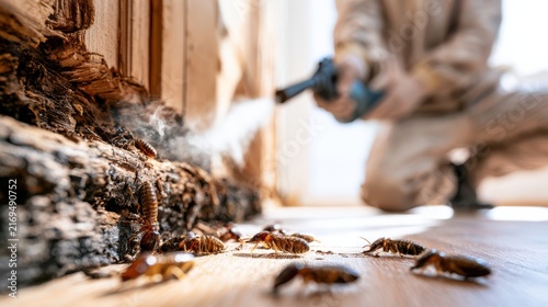 A pest control worker sprays insecticide on a wooden wall infested with cockroaches and other insects.