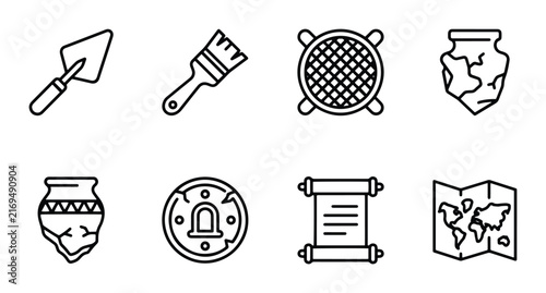 Archaeology Icons Set: Digging Tools, Artifacts, Maps, Scrolls, Vector Graphics