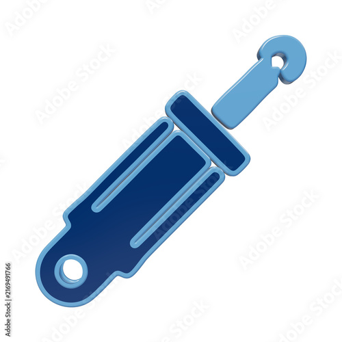 3D rendered icon of a mechanical shock absorber or strut component, blue color scheme on a white background, automotive hardware and suspension part isolated on a transparent background
