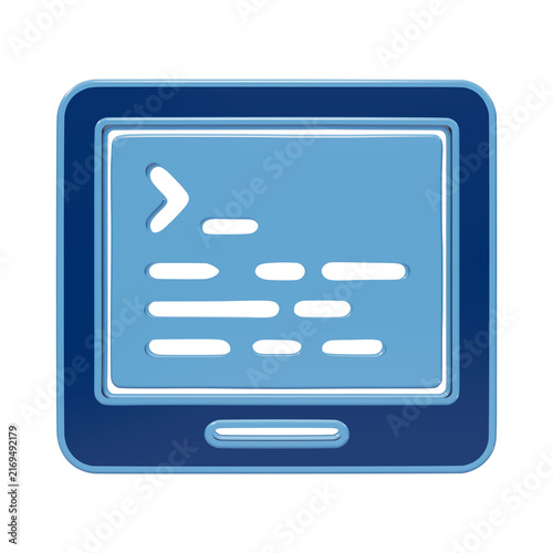 A 3D icon representing a computer screen or tablet displaying a command line interface with code, rendered in blue tones, isolated on a white background isolated on a transparent background