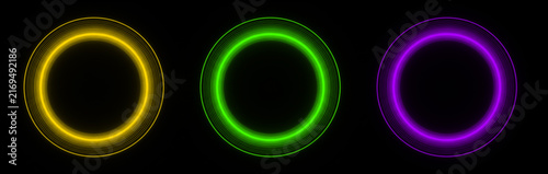 Canvastavla Abstract glowing neon circles with concentric lines in yellow, green, and purple
