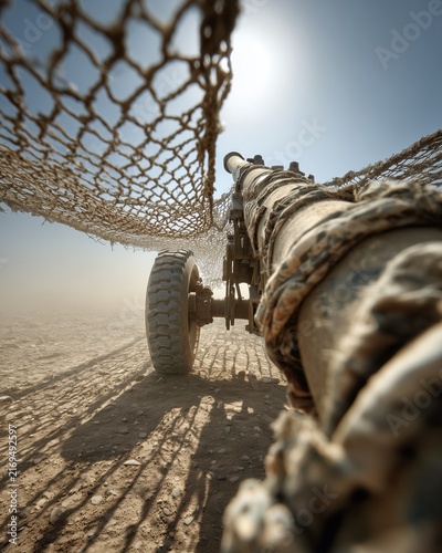 Military artillery cannon draped in desert camouflage netting on dry sandy terrain, depicting a realistic field deployment