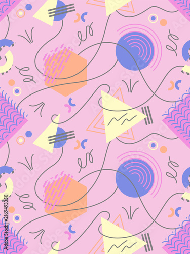 Memphis design seamless repeat pattern. Doodle 80s geometric colorful creative design vector illustration. For textile, texture, fabric wrapping, decorative, wallpaper, shirts, clothing
