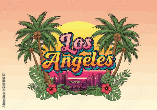 Los Angeles Retro Sunset Palm Trees Tropical Skyline Illustration