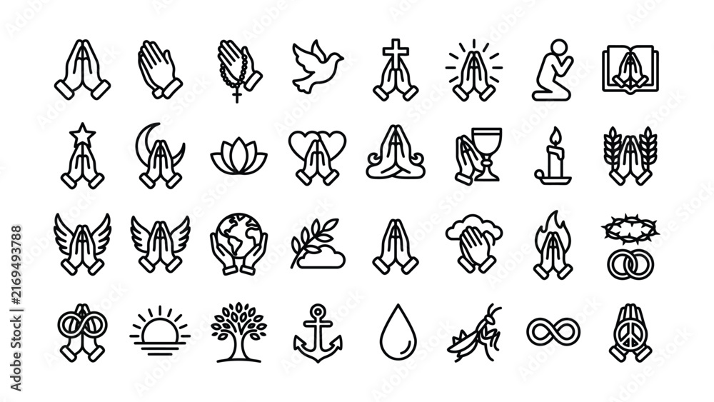 Fototapeta premium Praying hands icons with various religious and spiritual symbols