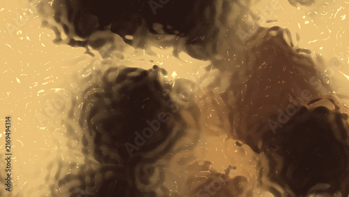 Abstract dark background with melted chocolate gold liquid ripples, distorted glass water reflection texture, and warm bronze metallic wave backdrop for modern design