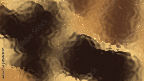 Abstract dark background with melted chocolate gold liquid ripples, distorted glass water reflection texture, and warm bronze metallic wave backdrop for modern design