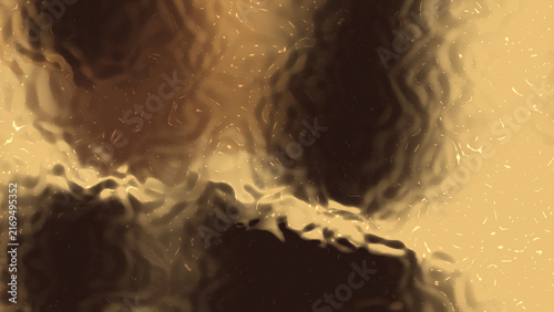 Abstract dark background with melted chocolate gold liquid ripples, distorted glass water reflection texture, and warm bronze metallic wave backdrop for modern design