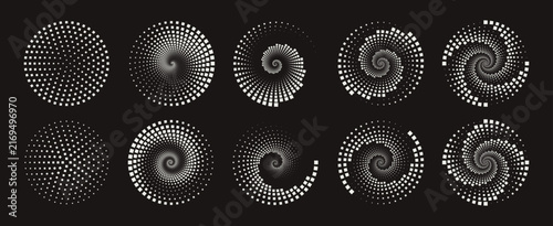 Set of different twisted speed lines in circle form. Abstract geometric circles with rotating linear, dotted and dashed lines. Design element for logo, prints, template. Vector illustration