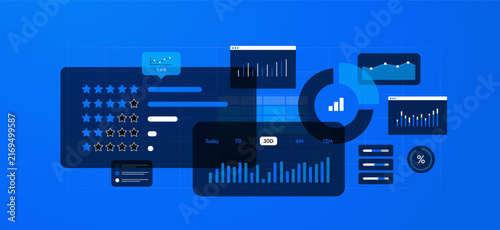 Review analytics dashboard tracks customer ratings, feedback trends and performance metrics. Review analytics for reputation management, customer insights and business reporting vector illustration.