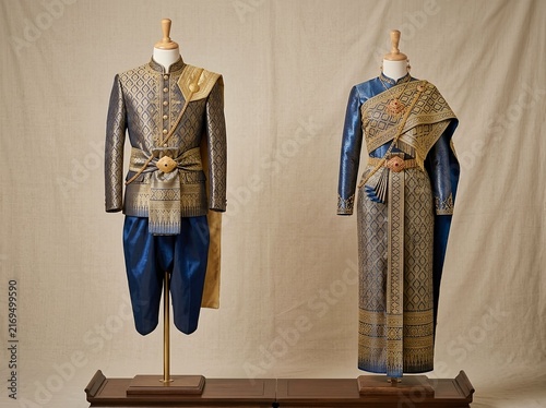Traditional Thai Formal Clothing with Elegant Woven Textile Patterns. Cultural heritage, craftsmanship, fashion design, and  Thai traditional attire. Traditional Thai Wedding Costumes
