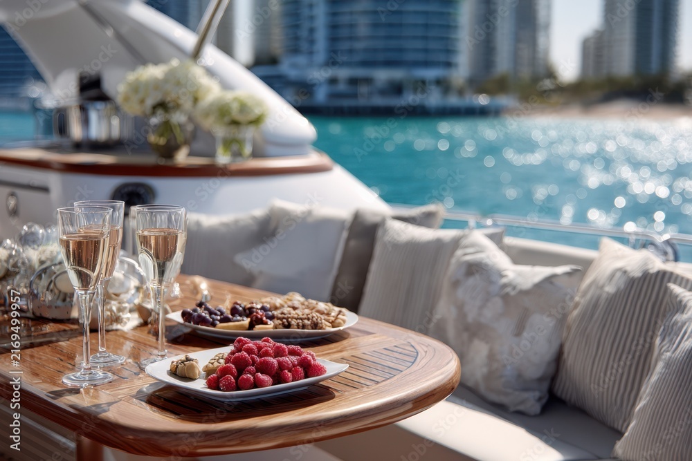 Fototapeta premium Elegant yacht dining experience featuring refreshing fruits and champagne in bright sunlight