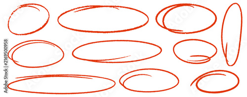 Hand drawn pencil sketch ovals. Brush strokes circles, ellipses pencil doodle style set. Red round thin frames, freehand shapes, emphasis highlights. Vector elements for diagrams, banner, poster