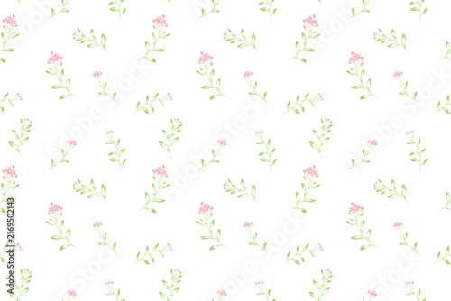 Delicate seamless floral pattern with soft pink blossoms and fresh green leaves on a white background, ideal for textiles, stationery, packaging, wallpaper, and spring designs.