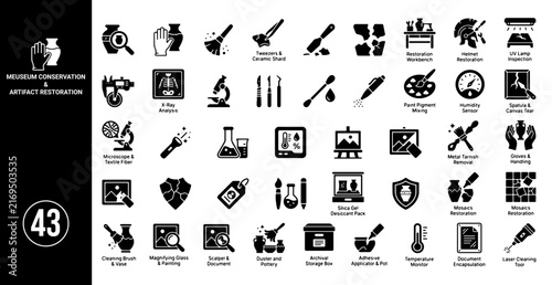 Museum Conservation and Artifact Restoration Icon Collection with Historic Objects, Preservation Tools, Cultural Heritage and Archival Research Symbols