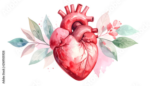 Realistic Anatomical Heart with Watercolor Floral Design