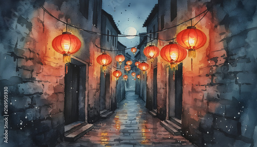 Night Scene of a Traditional Chinese Alley with Red Lanterns