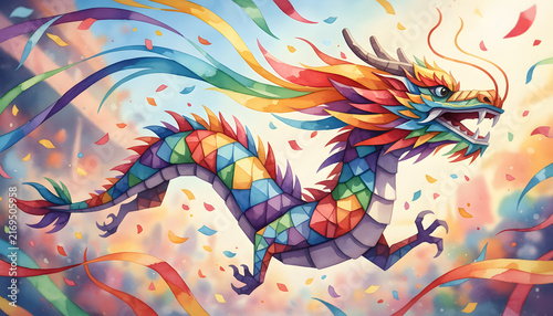 Colorful dragon illustration with vibrant scales and dynamic pose