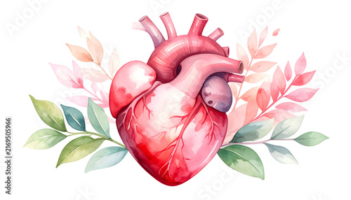Realistic Illustration of a Human Heart with Floral Elements