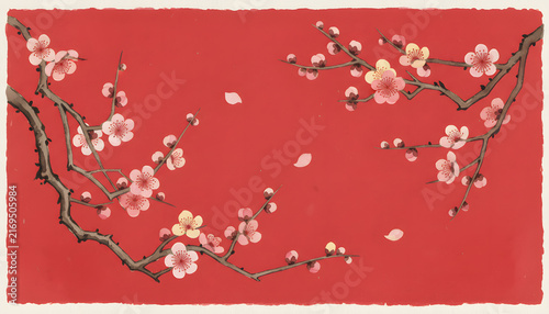 Elegant Cherry Blossom Painting with Pink Flowers on Red Background