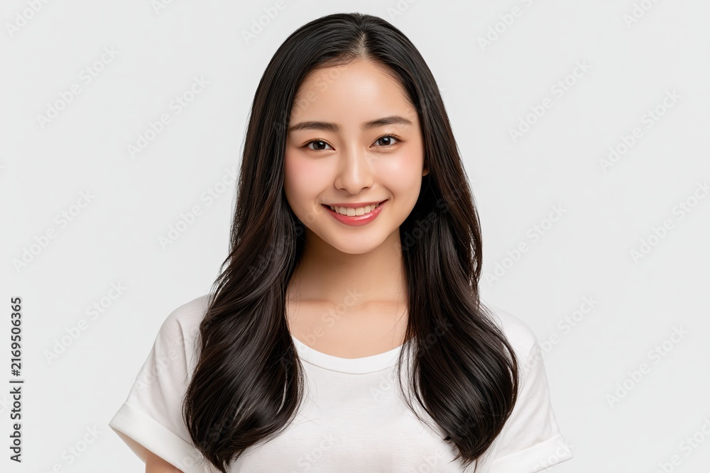 Fototapeta premium A cheerful young Japanese woman smiles naturally in a clean minimal studio, bright white with a fresh approachable look for commercial lifestyle, and advertising use.