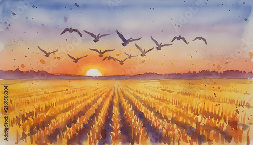 Sunset over wheat field with flying birds and vibrant sky