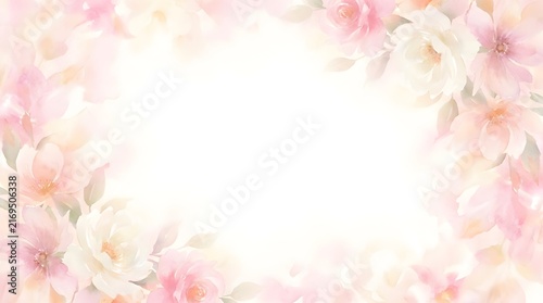 Beautiful watercolor floral frame with soft pink flowers and green leaves on a white background for invitations