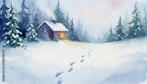Snowy winter landscape with cozy cabin and glowing window