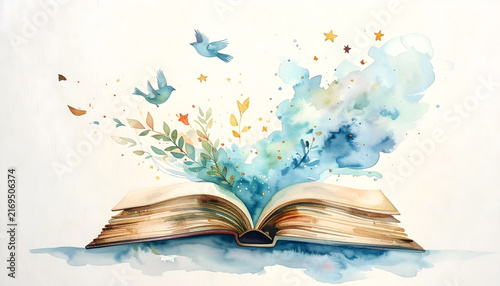 Open Book with Colorful Firefly and Ink Splash Illustration