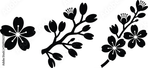 Set of cherry blossom branches and flower silhouette icons